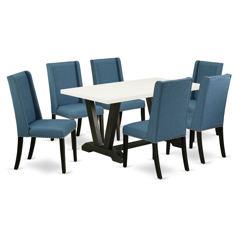 East West Furniture V-Style 7-piece Wood Dining Table Set in Black/Mineral Blue