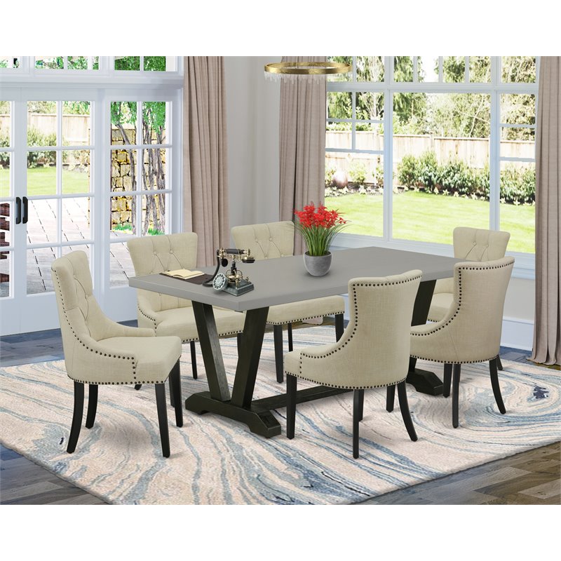 East West Furniture V-Style 7-piece Wood Dining Set in Black/Light Beige