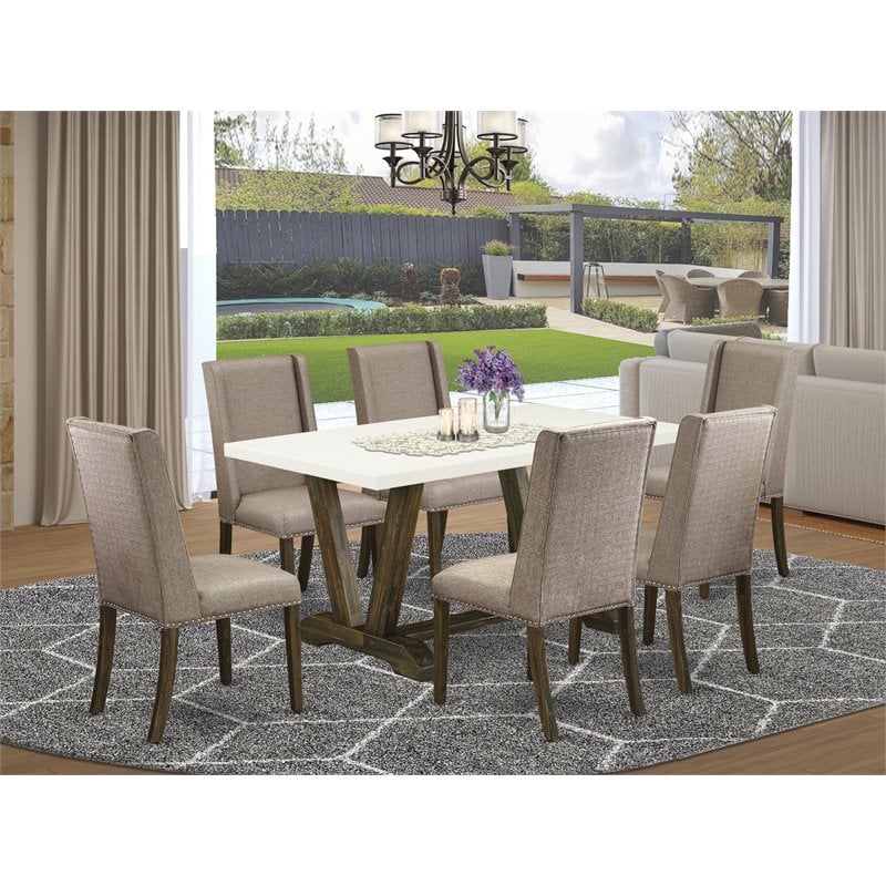 East West Furniture V-Style 7-piece Dining Table and Chairs in Dark Khaki Brown