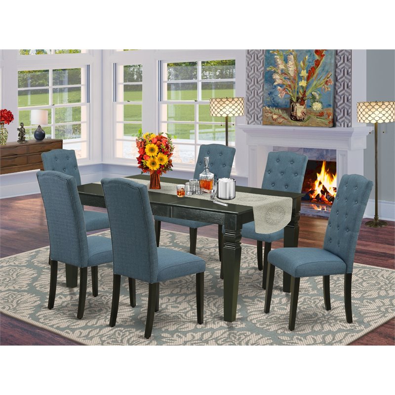 East West Furniture Weston 7-piece Wood Dining Set in Black/Blue
