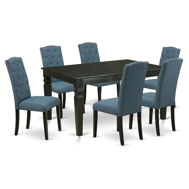 East West Furniture Weston 7-piece Wood Dining Set in Black/Blue