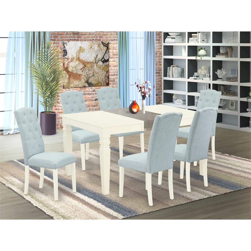 East West Furniture Weston 7-piece Wood Dining Set in Linen White/Baby Blue