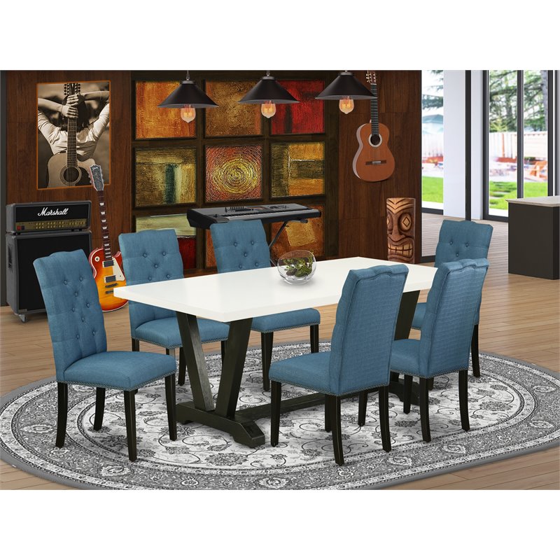 East West Furniture V-Style 7-piece Wood Dining Room Set in Black/Mineral Blue