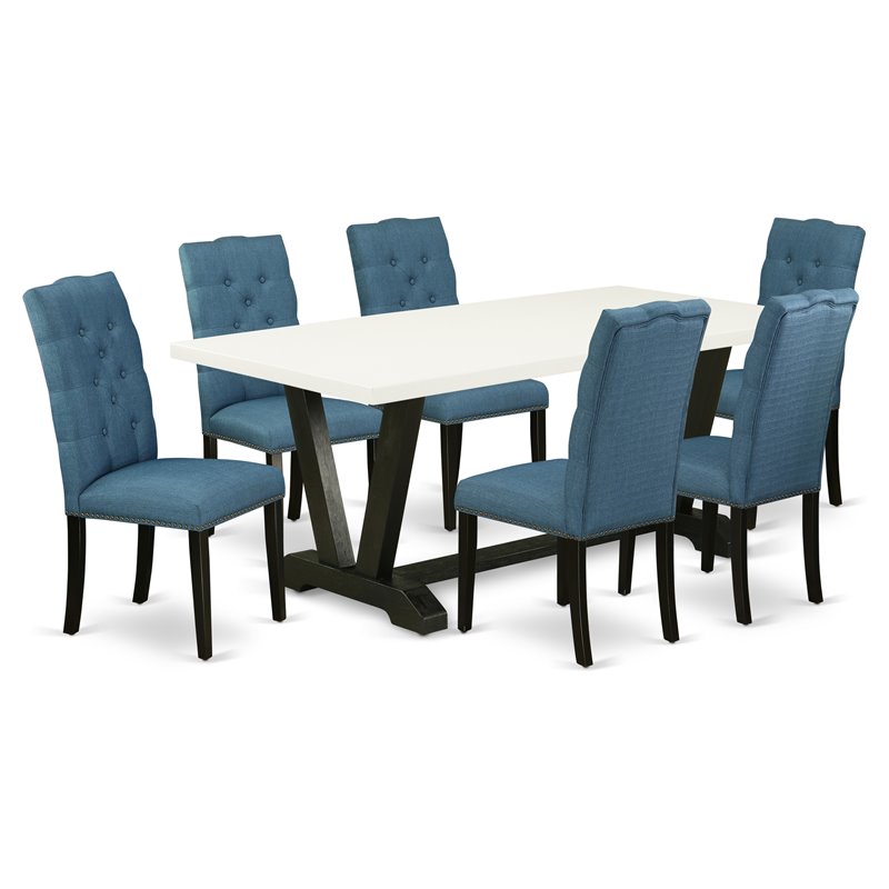 East West Furniture V-Style 7-piece Wood Dining Room Set in Black/Mineral Blue