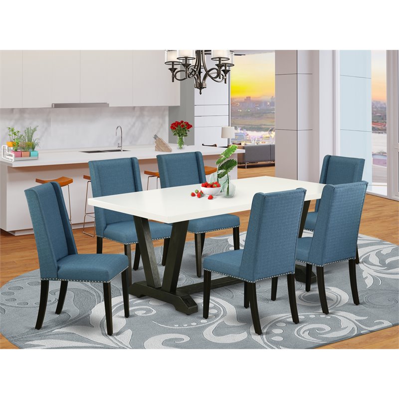East West Furniture V-Style 7-piece Wood Kitchen Set in Black/Mineral Blue