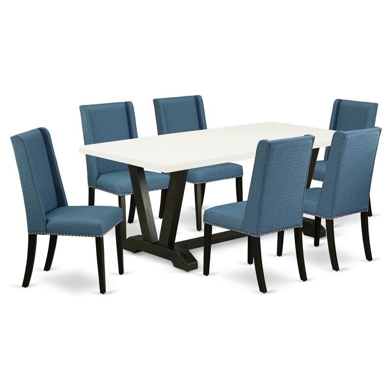 East West Furniture V-Style 7-piece Wood Kitchen Set in Black/Mineral Blue