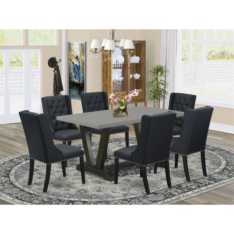 East West Furniture V-Style 7-piece Dining Table Set with Linen Seat in Black