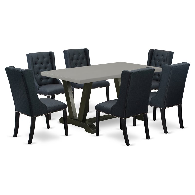 East West Furniture V-Style 7-piece Dining Table Set with Linen Seat in Black