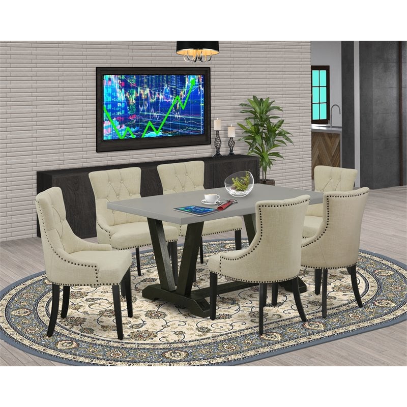 East West Furniture V-Style 7-piece Kitchen Set with Button Tufted Back in Black