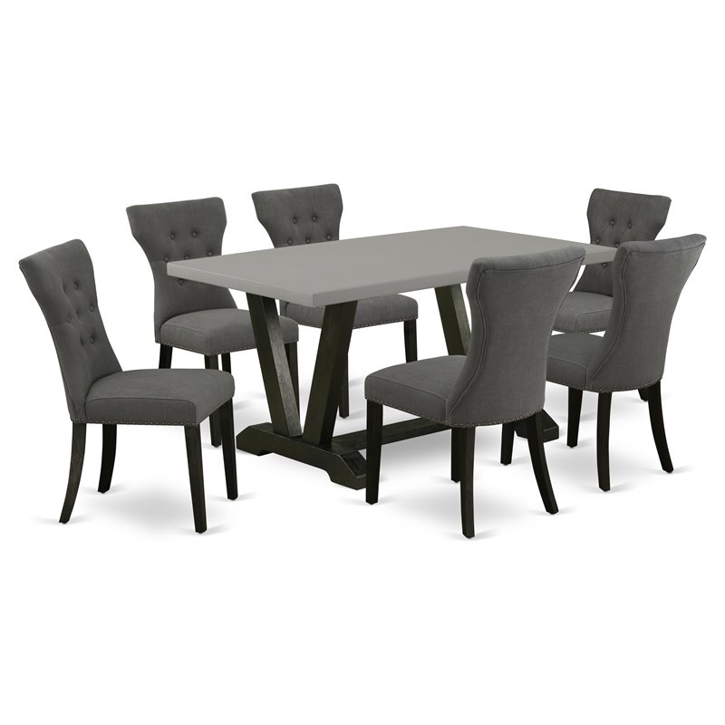 East West Furniture V-Style 7-piece Dining Table Set with Linen Seat in Gray