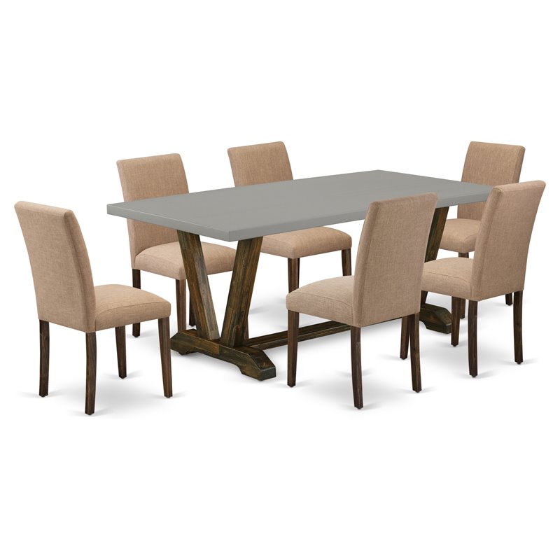 East West Furniture V-Style 7-piece Dining Set in Brown/Light Sable/Cement