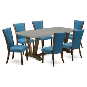 East West Furniture V-Style 7-piece Wood Dining Set in Blue/Cement