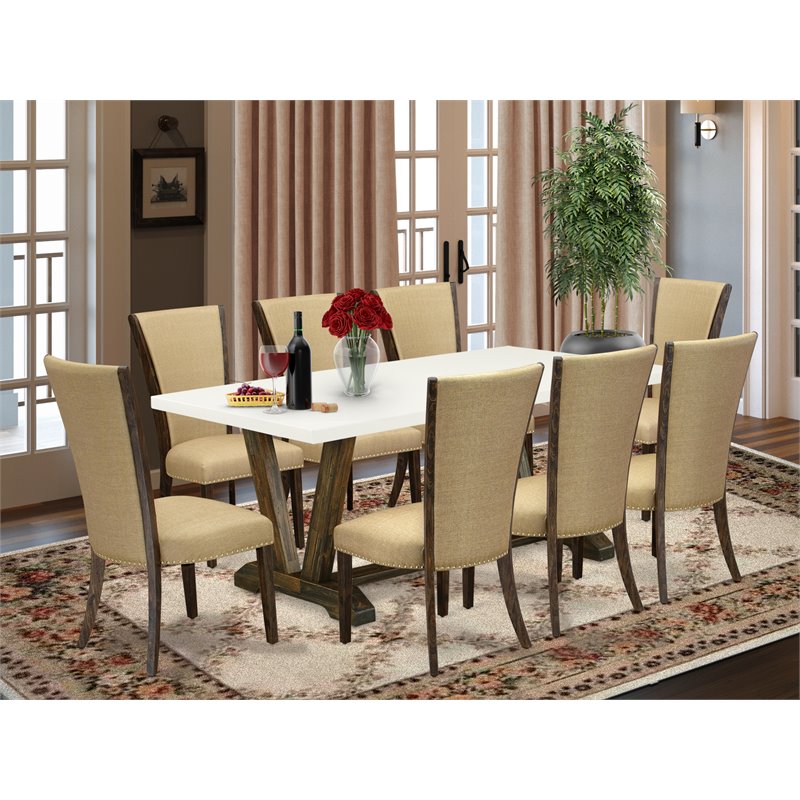 East West Furniture V-Style 9-piece Wood Dining Set in Linen White/Brown