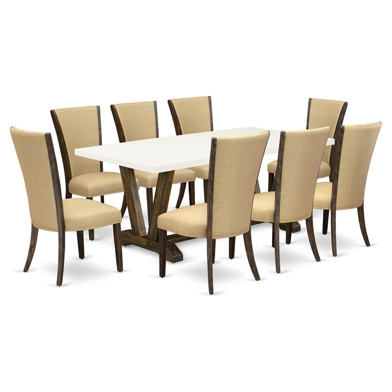 East West Furniture V-Style 9-piece Wood Dining Set in Linen White/Brown