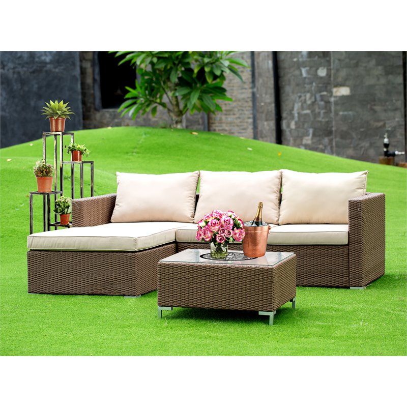 East West Furniture Ackerly 3-piece Modern Metal Patio Sofa Set in Brown