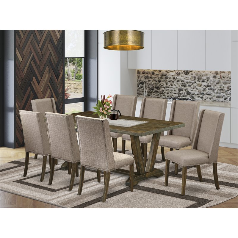 East West Furniture V-Style 9-piece Wood Dining Room Set in Dark Khaki Brown