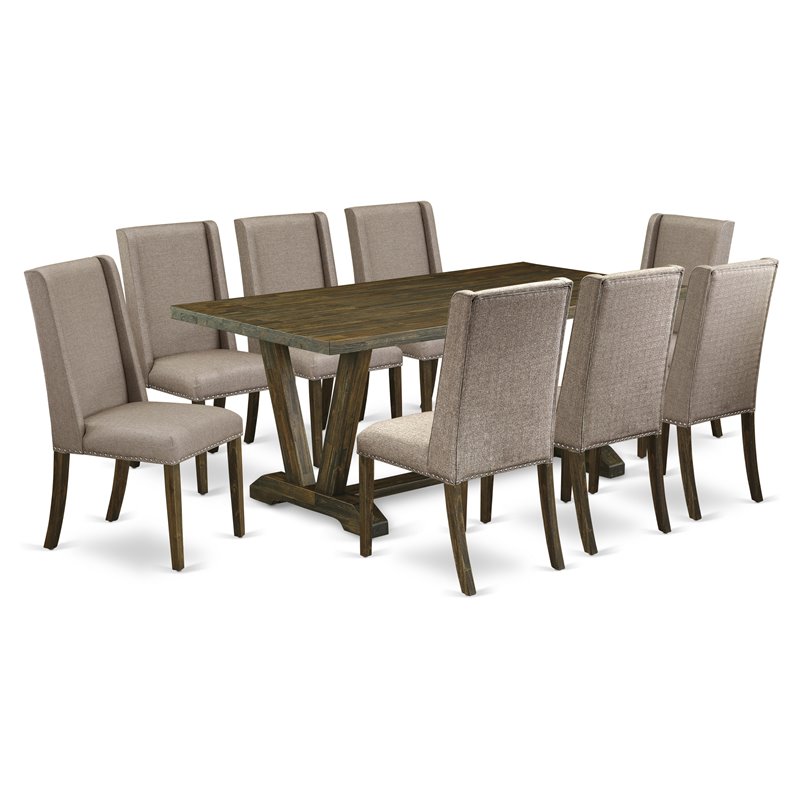 East West Furniture V-Style 9-piece Wood Dining Room Set in Dark Khaki Brown