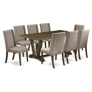East West Furniture V-Style 9-piece Wood Dining Room Set in Dark Khaki Brown