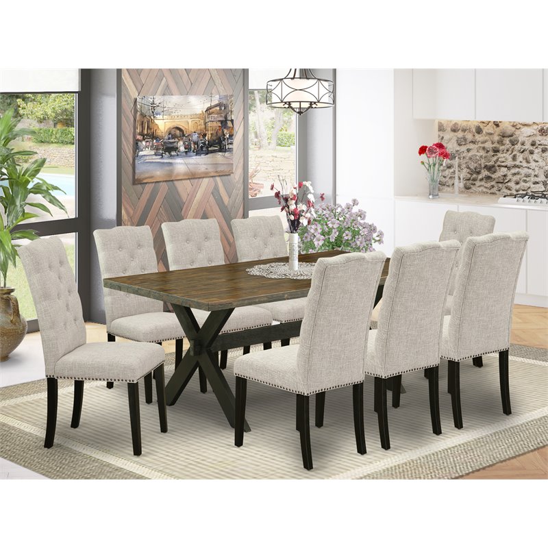 East West Furniture X-Style 9-piece Wood Dining Set in White/Dark Khaki