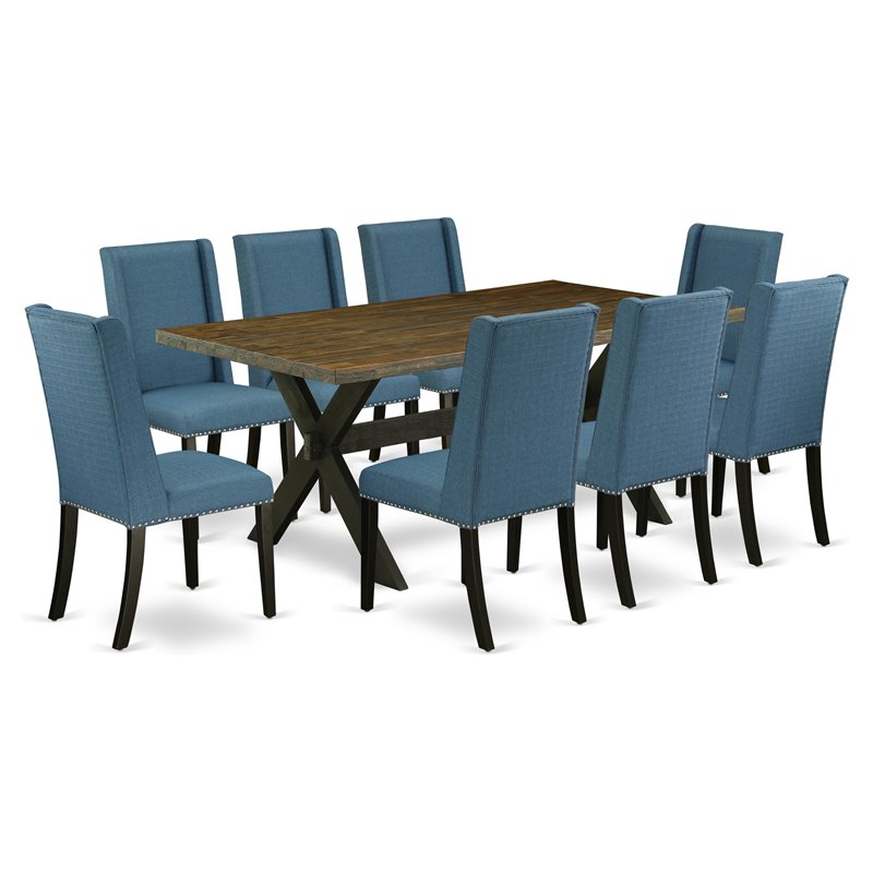East West Furniture X-Style 9-piece Wood Dining Set in Black/Mineral Blue
