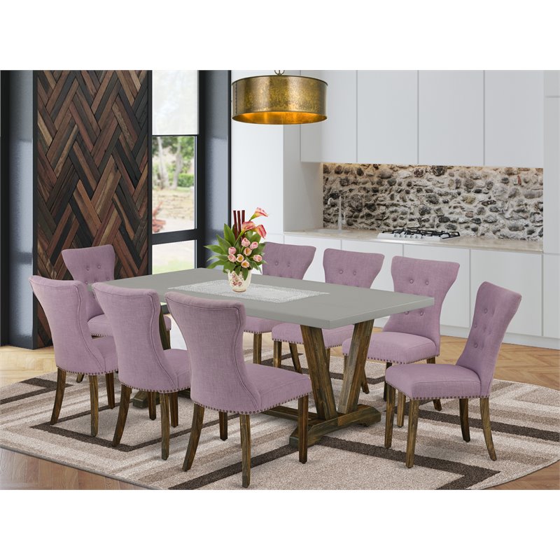East West Furniture V-Style 9-piece Wood Dining Table Set in Dahlia Purple