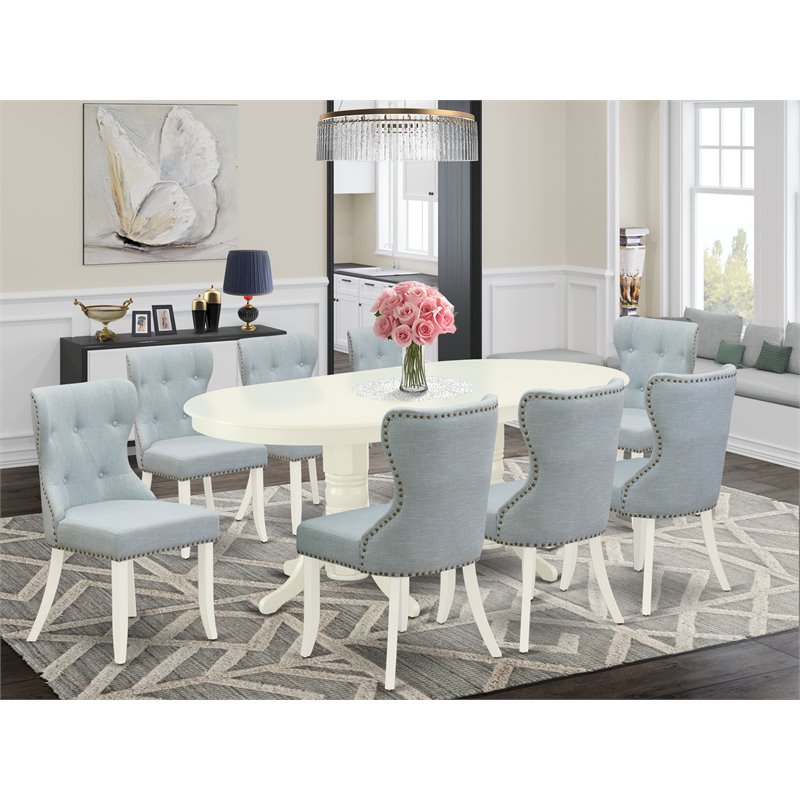 East West Furniture Vancouver 9-piece Wood Dining Set in Linen White/Baby Blue