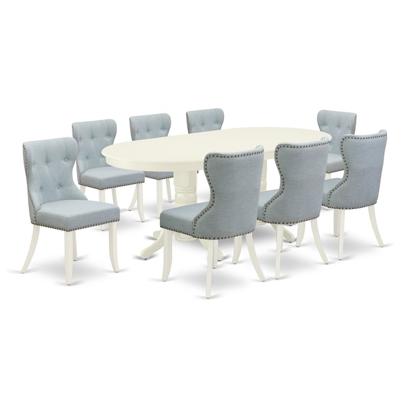East West Furniture Vancouver 9-piece Wood Dining Set in Linen White/Baby Blue