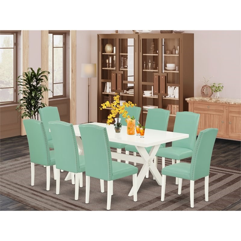East West Furniture X-Style 9-piece Traditional Wood Dining Set in Pond Blue