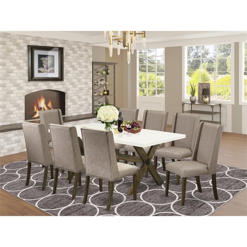 East West Furniture X-Style 9-piece Dining Table and Chair Set in Dark Brown