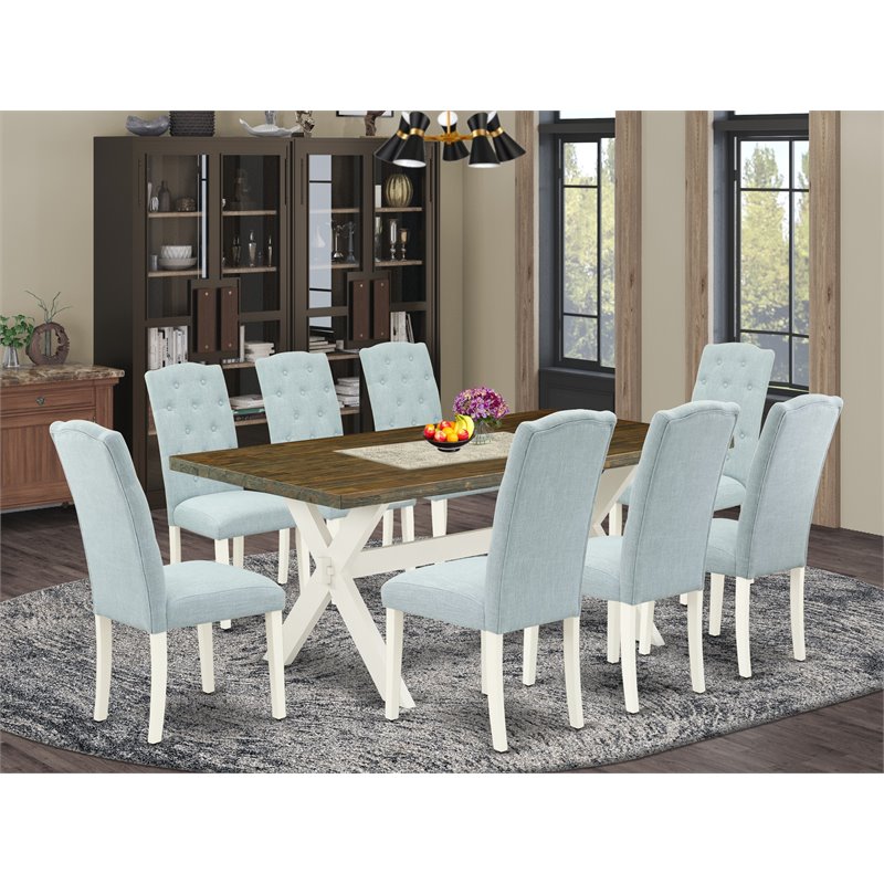 East West Furniture X-Style 9-piece Wood Dining Set in Linen White/Baby Blue
