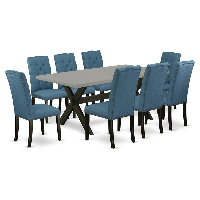 East West Furniture X-Style 9-piece Wood Dining Set in Black and Mineral Blue