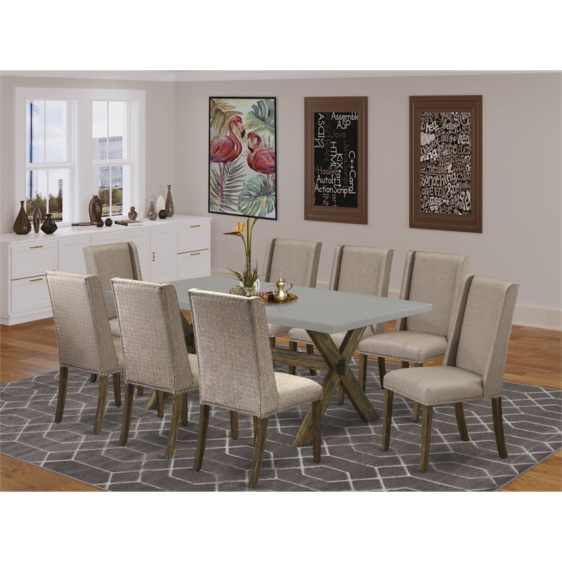East West Furniture X-Style 9-piece Wood Dining Room Set in Dark Khaki Brown