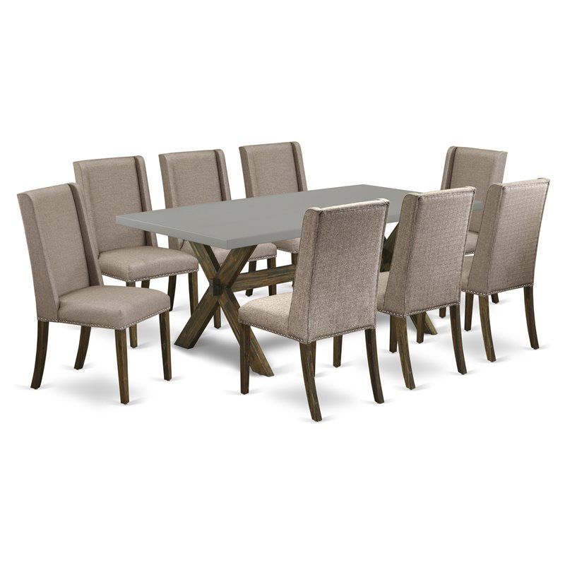 East West Furniture X-Style 9-piece Wood Dining Room Set in Dark Khaki Brown