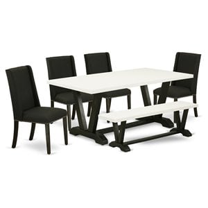 East West Furniture V-Style 6-piece Wood Dining Table Set in White and Black