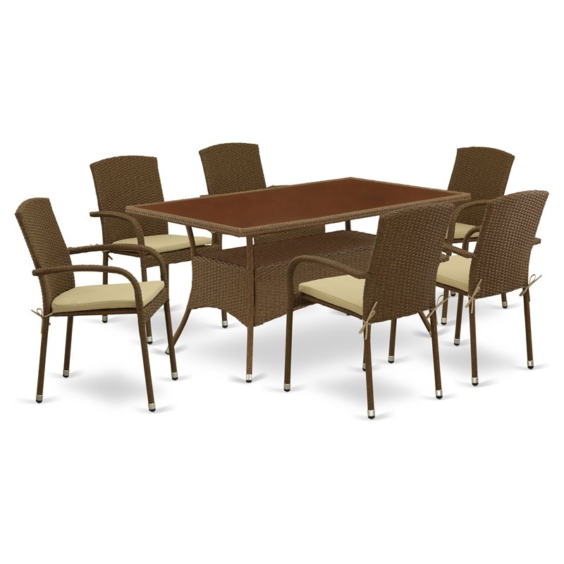East West Furniture Oslo 7-piece Metal Patio Dining Set with Cushion in Brown