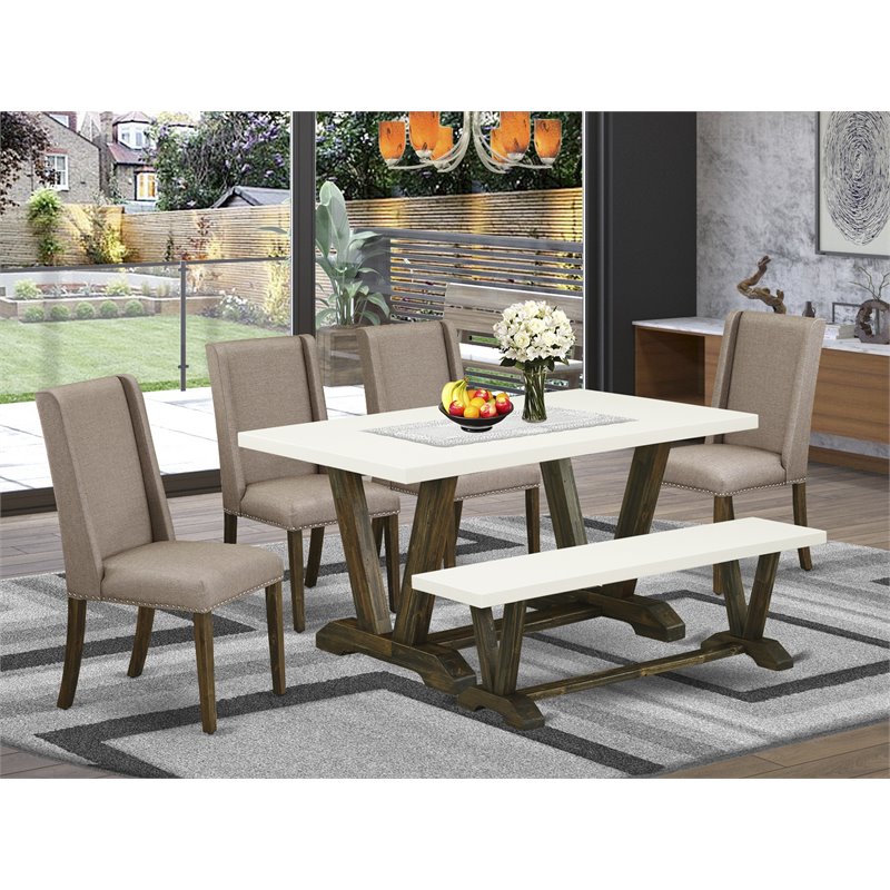 East West Furniture V-Style 6-piece Wood Dining Set in Jacobean Brown/Dark Khaki