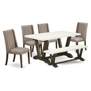 East West Furniture V-Style 6-piece Wood Dining Set in Jacobean Brown/Dark Khaki