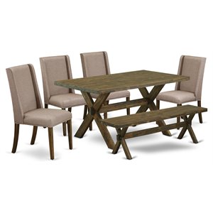 East West Furniture X-Style 6-piece Wood Dining Set in Jacobean Brown/Dark Khaki