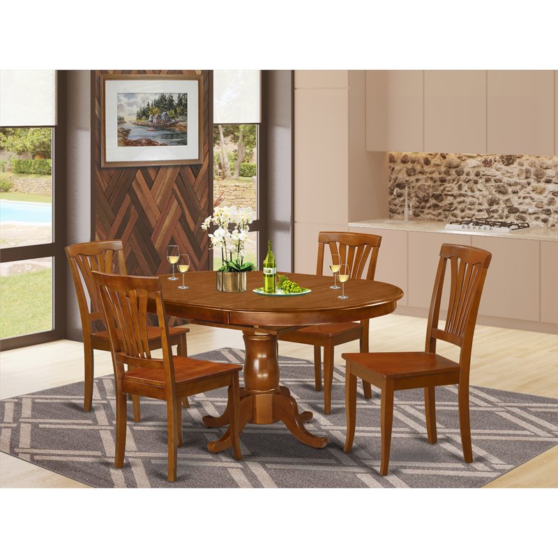 East West Furniture Portland 5-piece Dining Set with Wood Seat in Saddle Brown