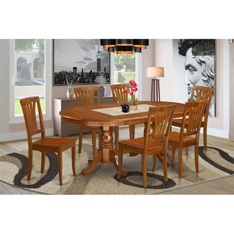 East West Furniture Plainville 7-piece Dining Set with Wood Seat in Brown