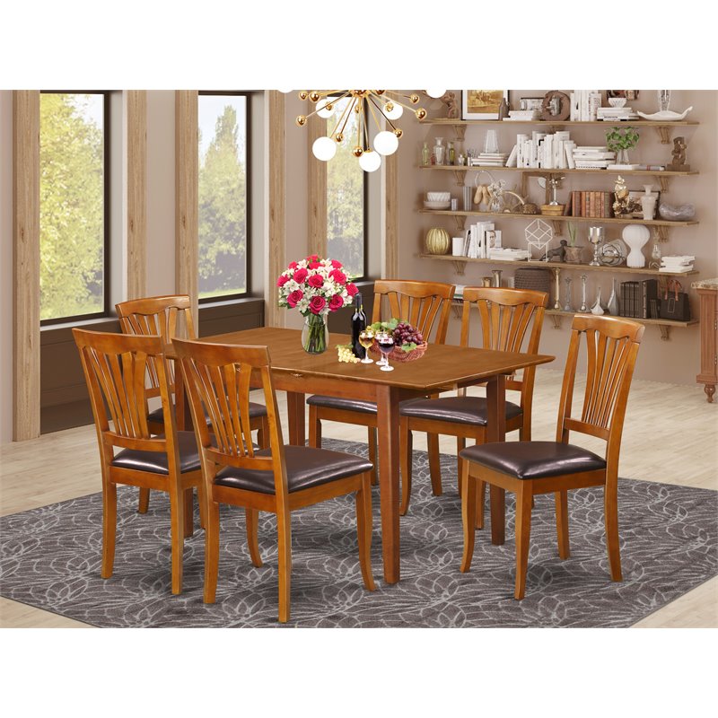 East West Furniture Picasso 7-piece Dining Set with Leather Seat in Saddle Brown