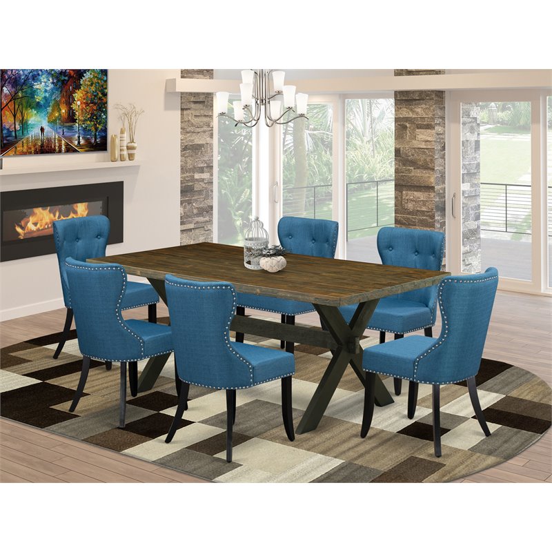 East West Furniture X-Style 7-piece Dinette Set in Distressed Jacobean and Black
