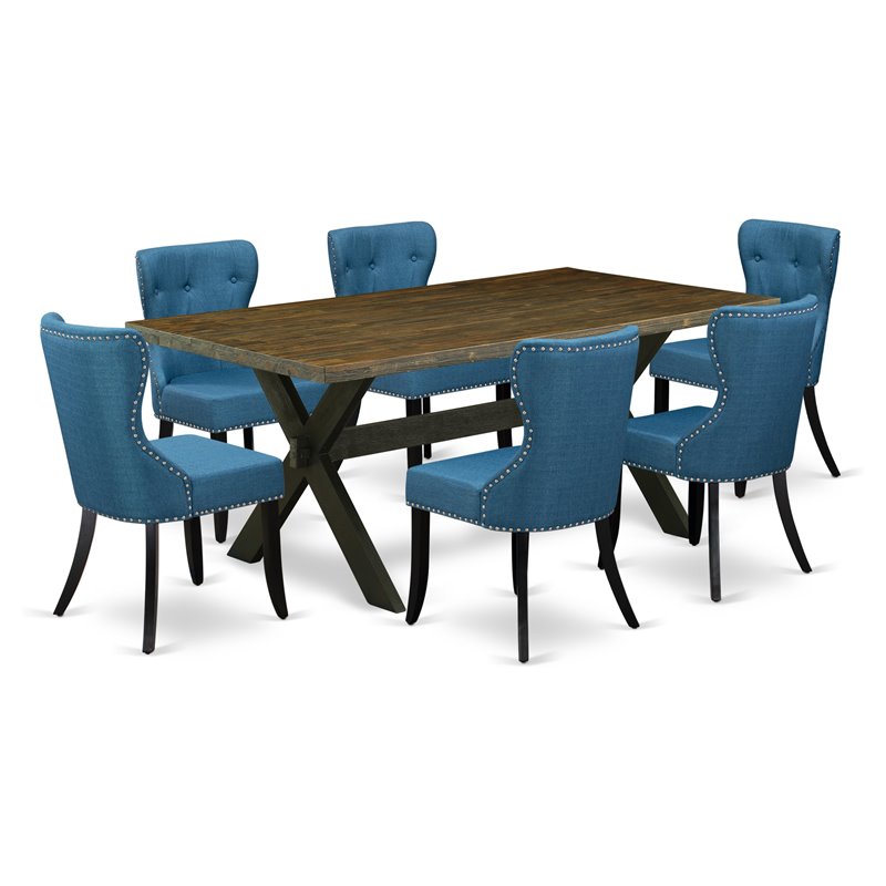 East West Furniture X-Style 7-piece Dinette Set in Distressed Jacobean and Black