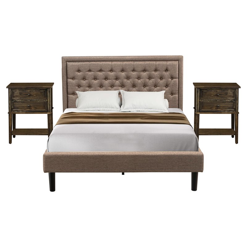 East West Furniture 3-piece Wood Queen Bedroom Set in Dark Khaki Brown/Black