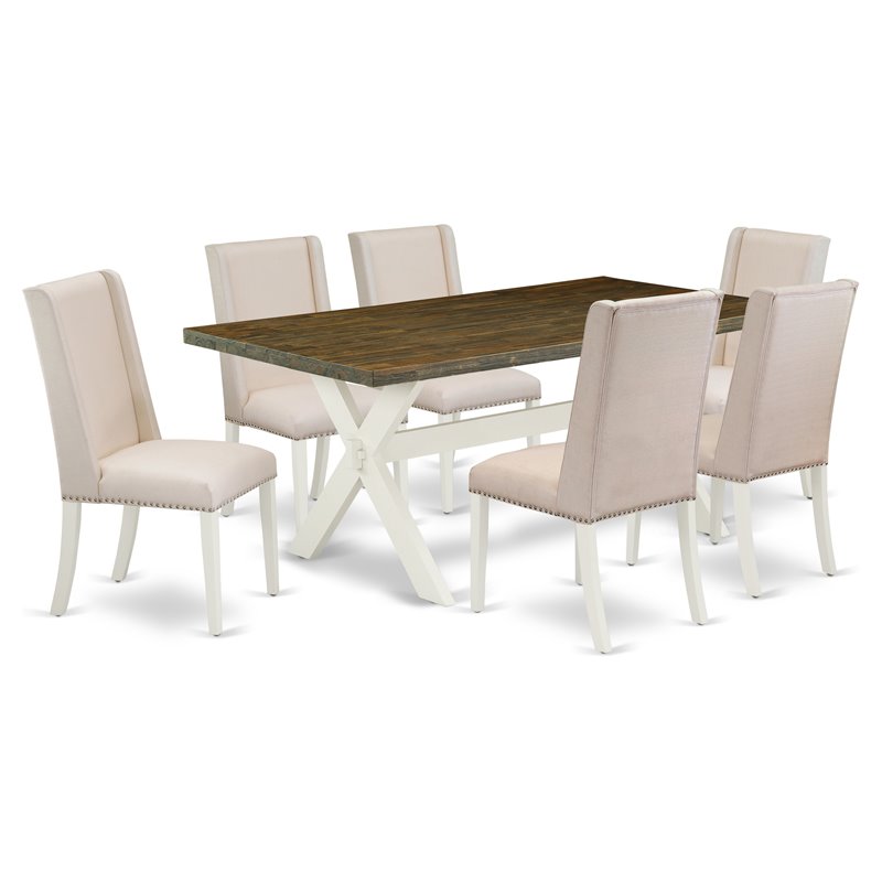 East West Furniture X-Style 7-piece Wood Dining Room Table Set in Cream