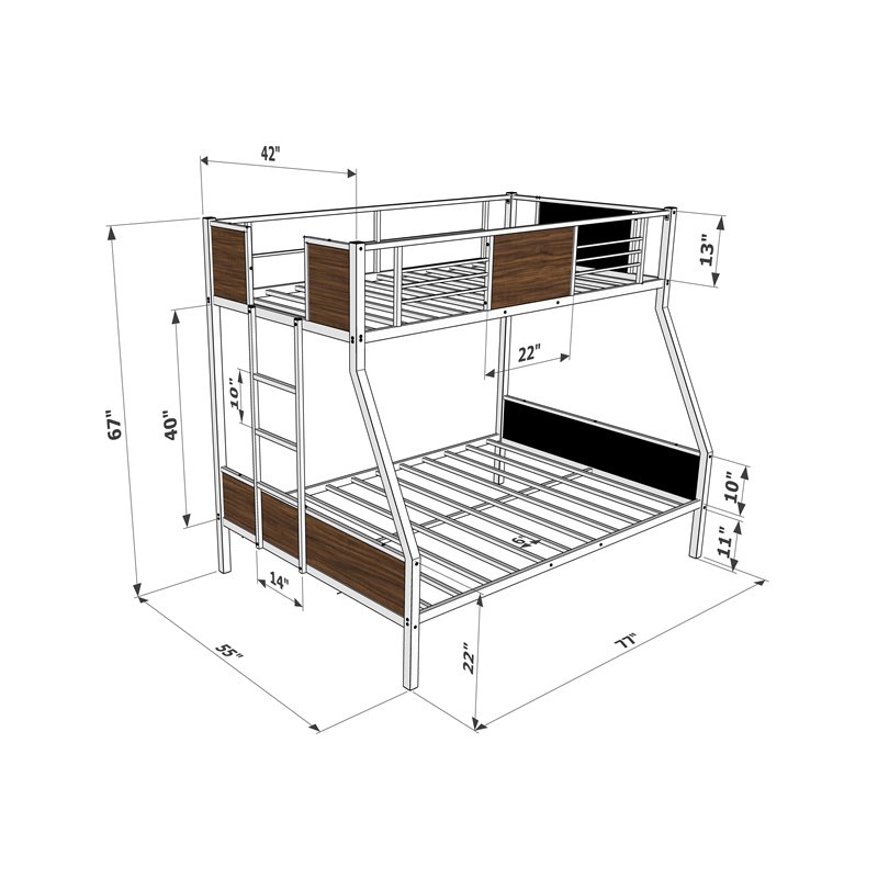 East West Furniture Jackson Traditional Metal Twin Over Full Bunk Bed in Black