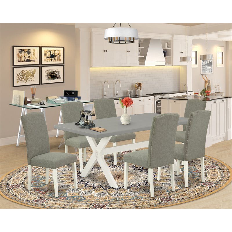 East West Furniture X-Style 7-piece Wood Dining Table Set in White/Cement