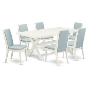 East West Furniture X-Style 7-piece Wood Dining Set in Linen White/Blue