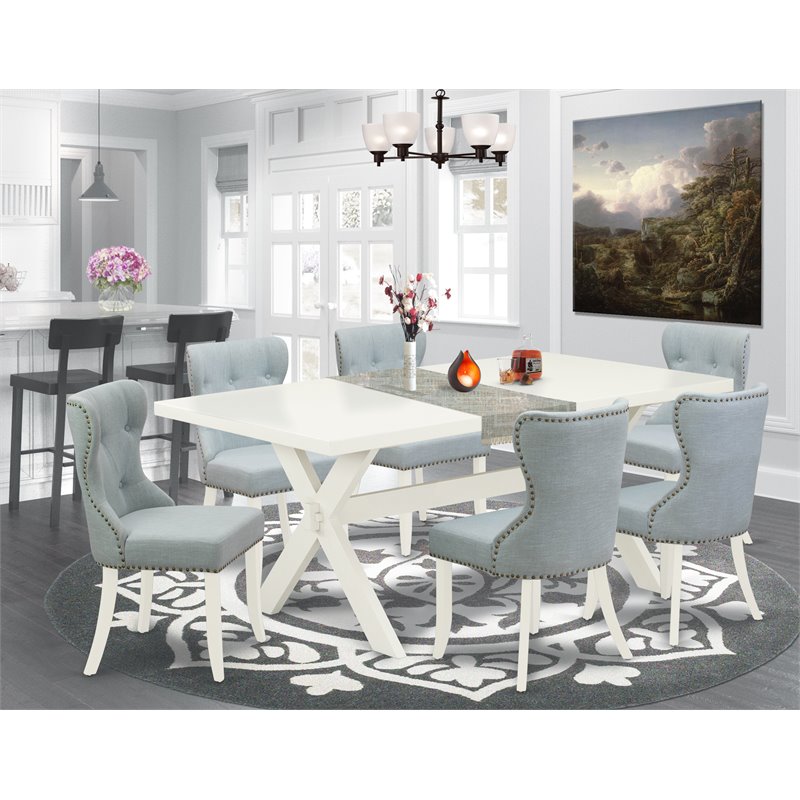 East West Furniture X-Style 7-piece Wood Dining Table Set in White/Baby Blue