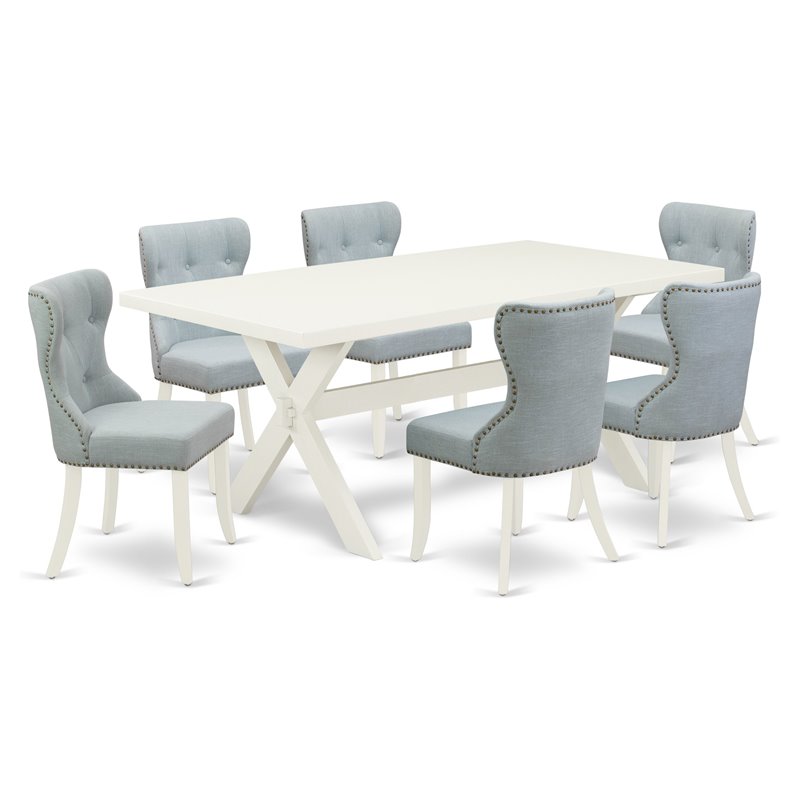 East West Furniture X-Style 7-piece Wood Dining Table Set in White/Baby Blue